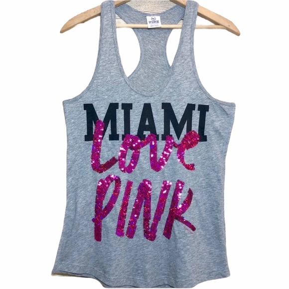 PINK Miami Love Bling Gray Racerback Tank Top - Picture 1 of 4